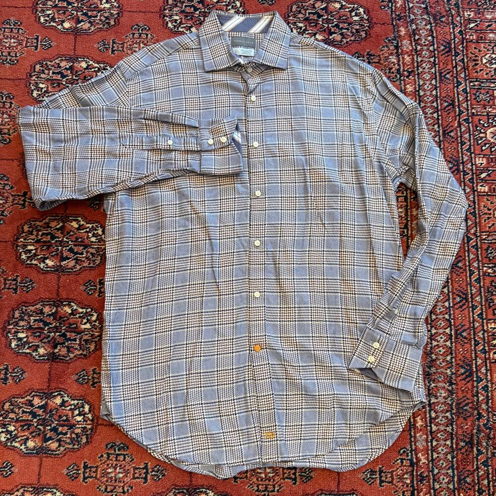 Thomas Dean Men's L Blue/Brown Houndstooth Woven Plaid LS/BF Shirt 100% Cotton